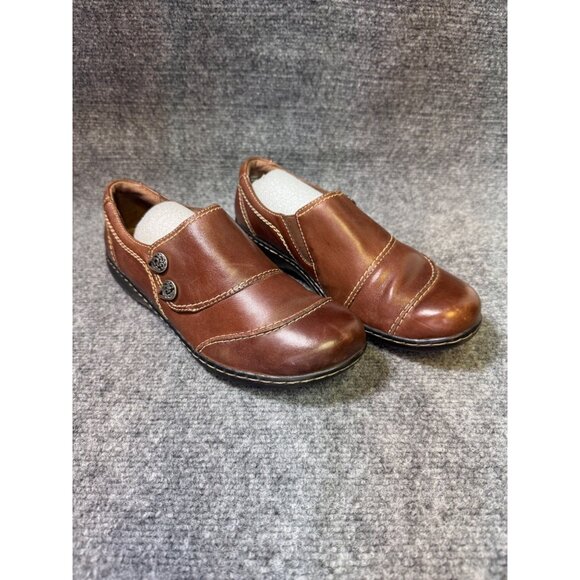 Clarks Womens Brown 9M Leather Slip-On Comfort Shoes W/ Button Accent - Picture 6 of 16